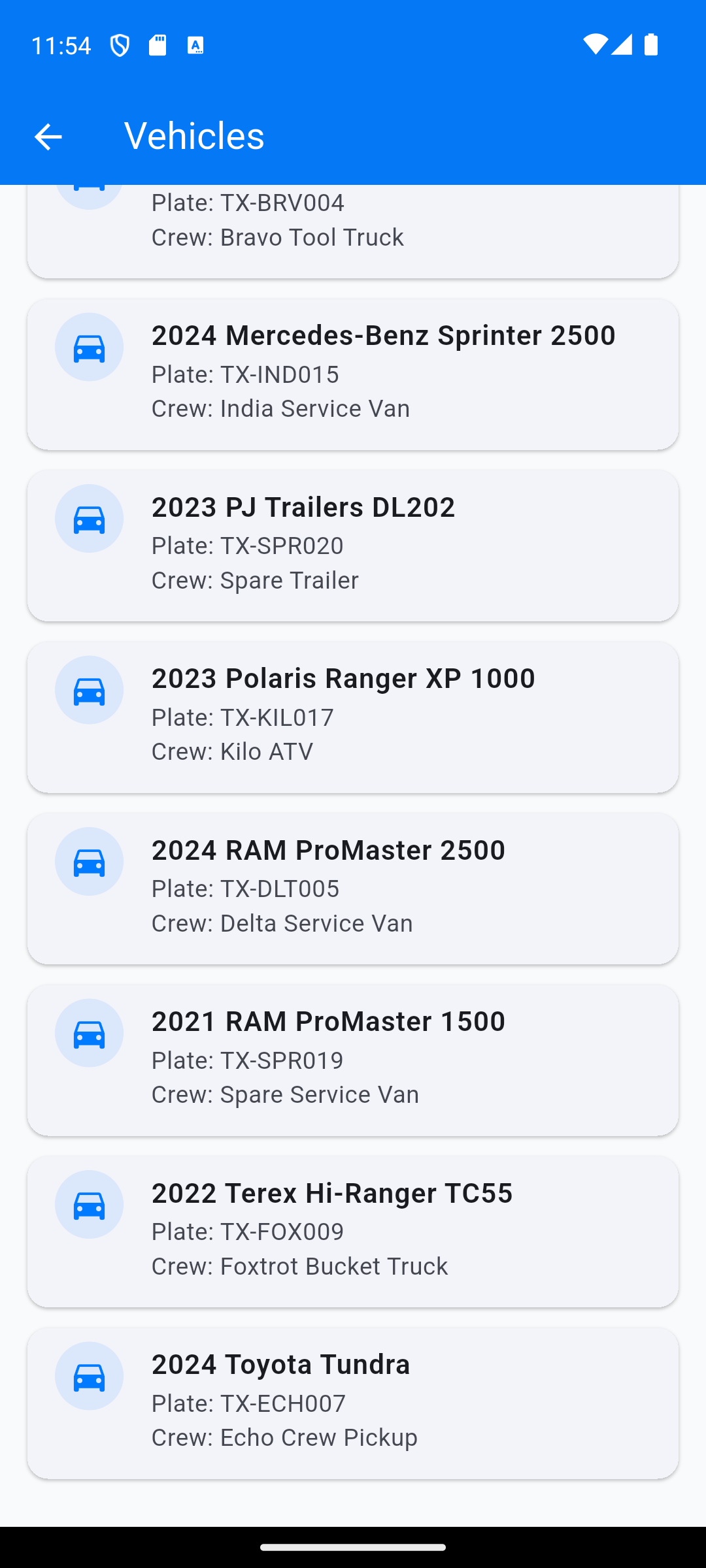 FieldForce mobile app primary screen with navigation and asset summary.