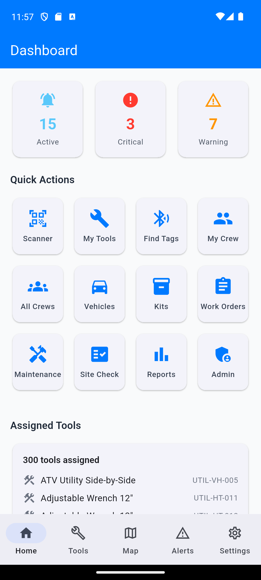 FieldForce mobile app showing vehicle assignments and status.